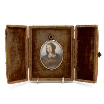 A 19th-century style portrait miniature of a female, in a later 9ct gold frame and leather case.