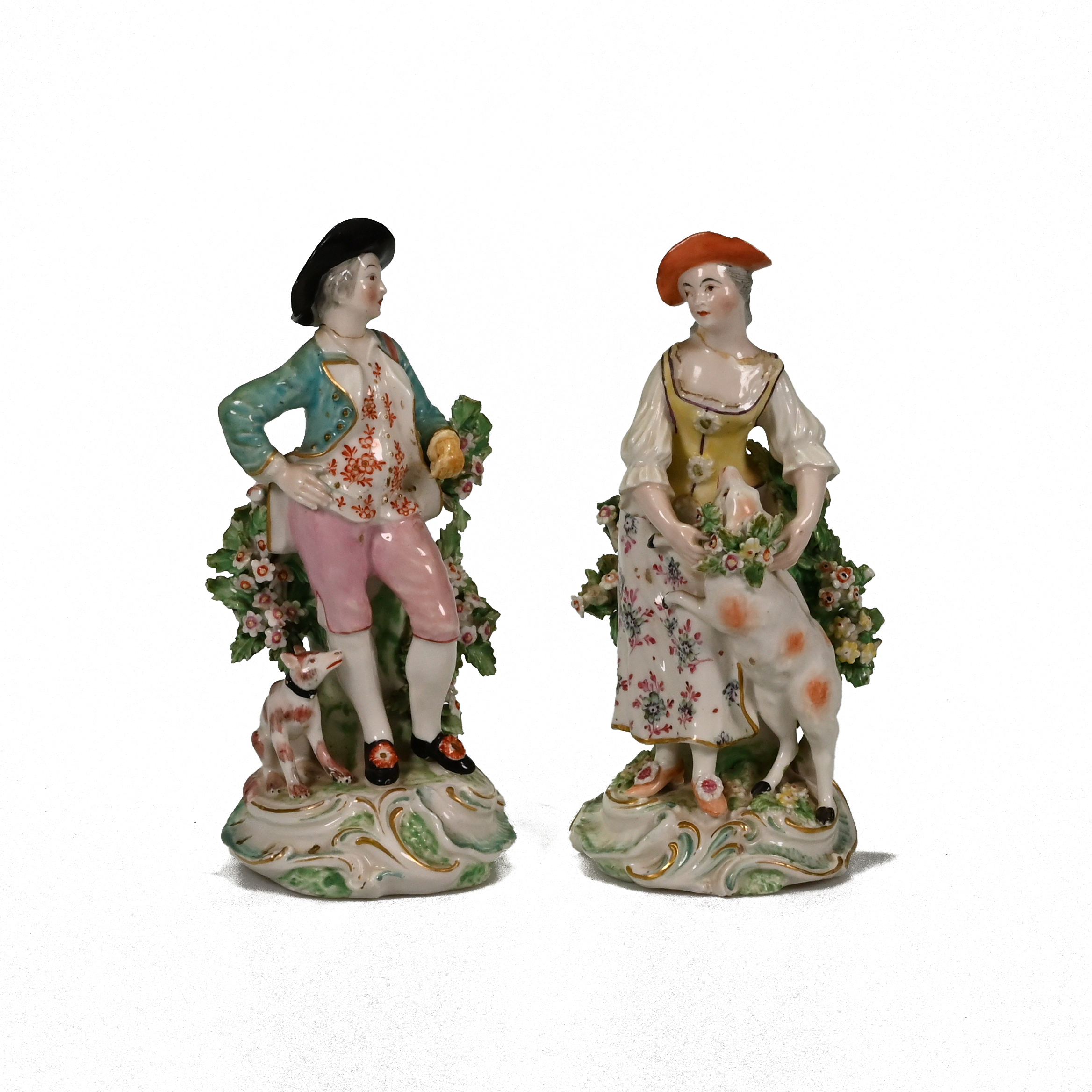 18th century, probably Derby, hand painted porcelain figurine pair of Shepherd and Shepherdess. T...