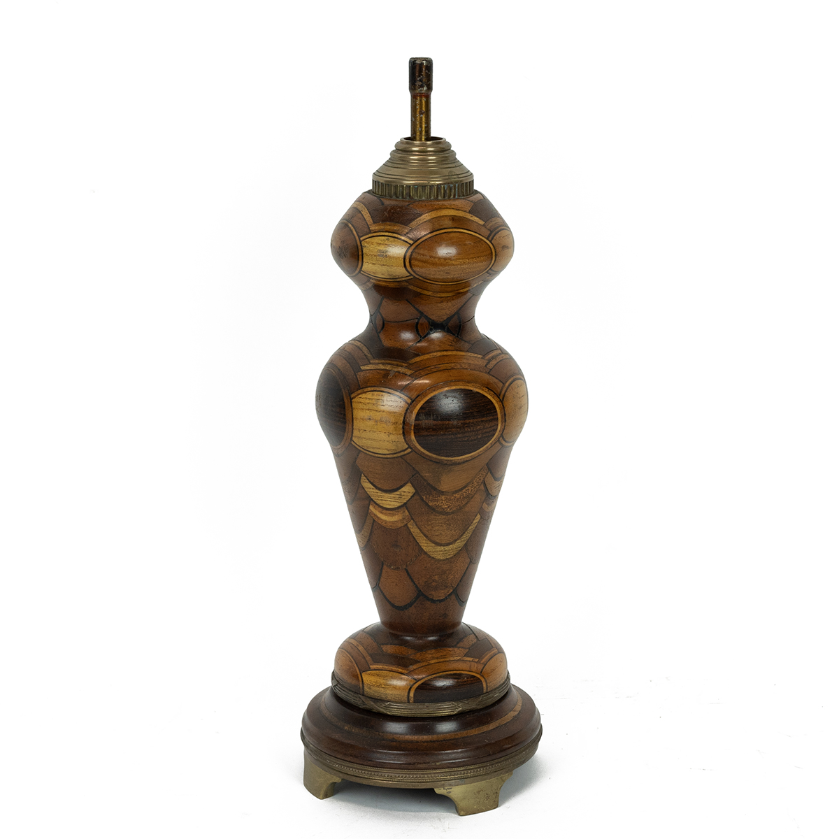 French specimen wood table lamp base c1900. Baluster form turned from multiple timbers, with gilt...