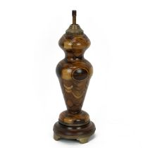 French specimen wood table lamp base c1900. Baluster form turned from multiple timbers, with gilt...