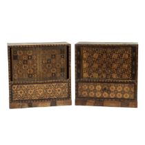 Two Japanese asymmetric parquetry table cabinets c1890. Single drawer below to each and tambour f...