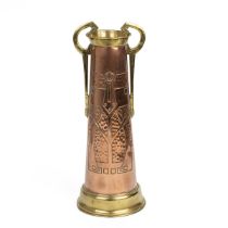 Jugendstil or Art Nouveau brass and copper tall two-handled vase with impressed mark "R" to under...