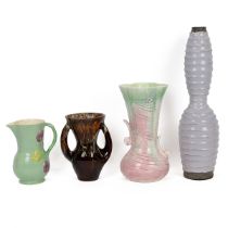 Mid 20th Century pottery to include an elongated double gourd shaped ribbed floor standing vase i...