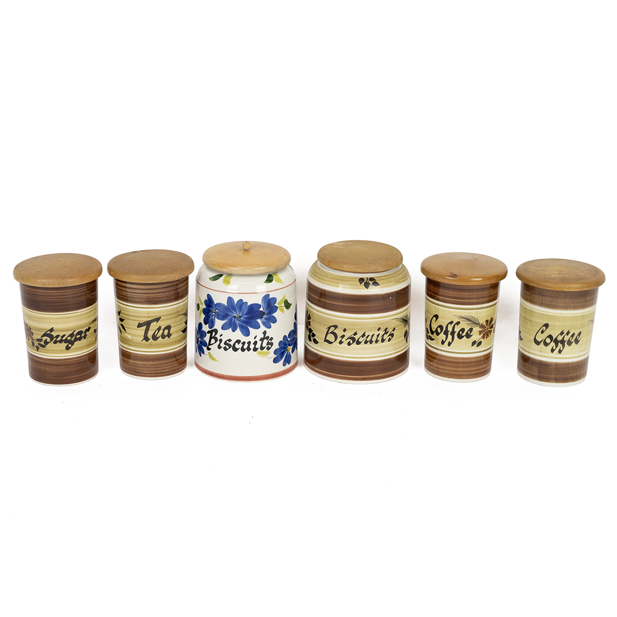 Toni Raymond Pottery - a collection of 6 storage jars with beechwood lids for coffee, tea, biscui...