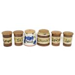 Toni Raymond Pottery - a collection of 6 storage jars with beechwood lids for coffee, tea, biscui...