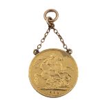 A 1902 full gold sovereign, on a mounted hanging chain. (J)