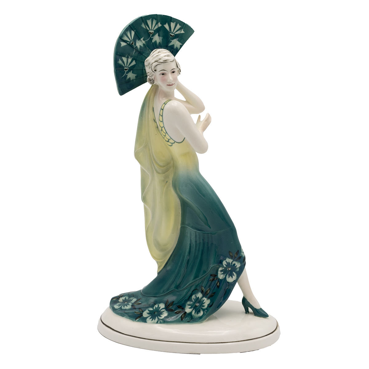 Katzhutte Hertwig & Co porcelain (Thuringia, Germany) - Dancing lady with fan, circa 1920 to 1930...