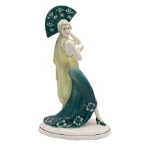 Katzhutte Hertwig & Co porcelain (Thuringia, Germany) - Dancing lady with fan, circa 1920 to 1930...