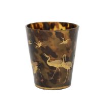 Meiji period Japanese beaker in tortoiseshell with applied lacquer gilt decoration of cranes, pal...