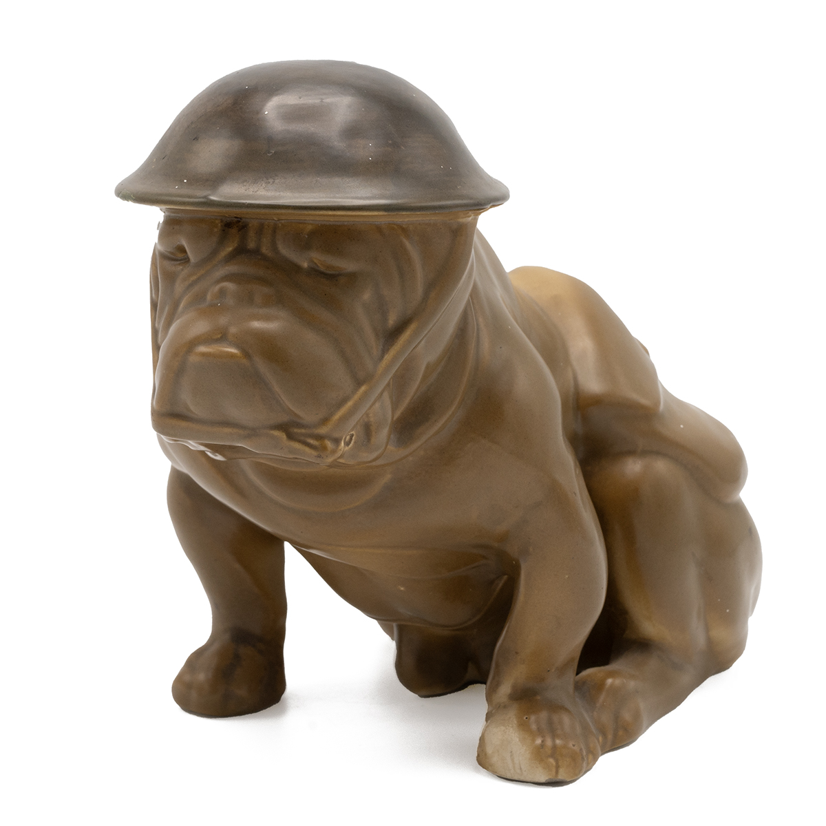 Royal Doulton "Tommy" Bulldog, modelled in WWI uniform and helmet, khaki glazed, with printed mar...