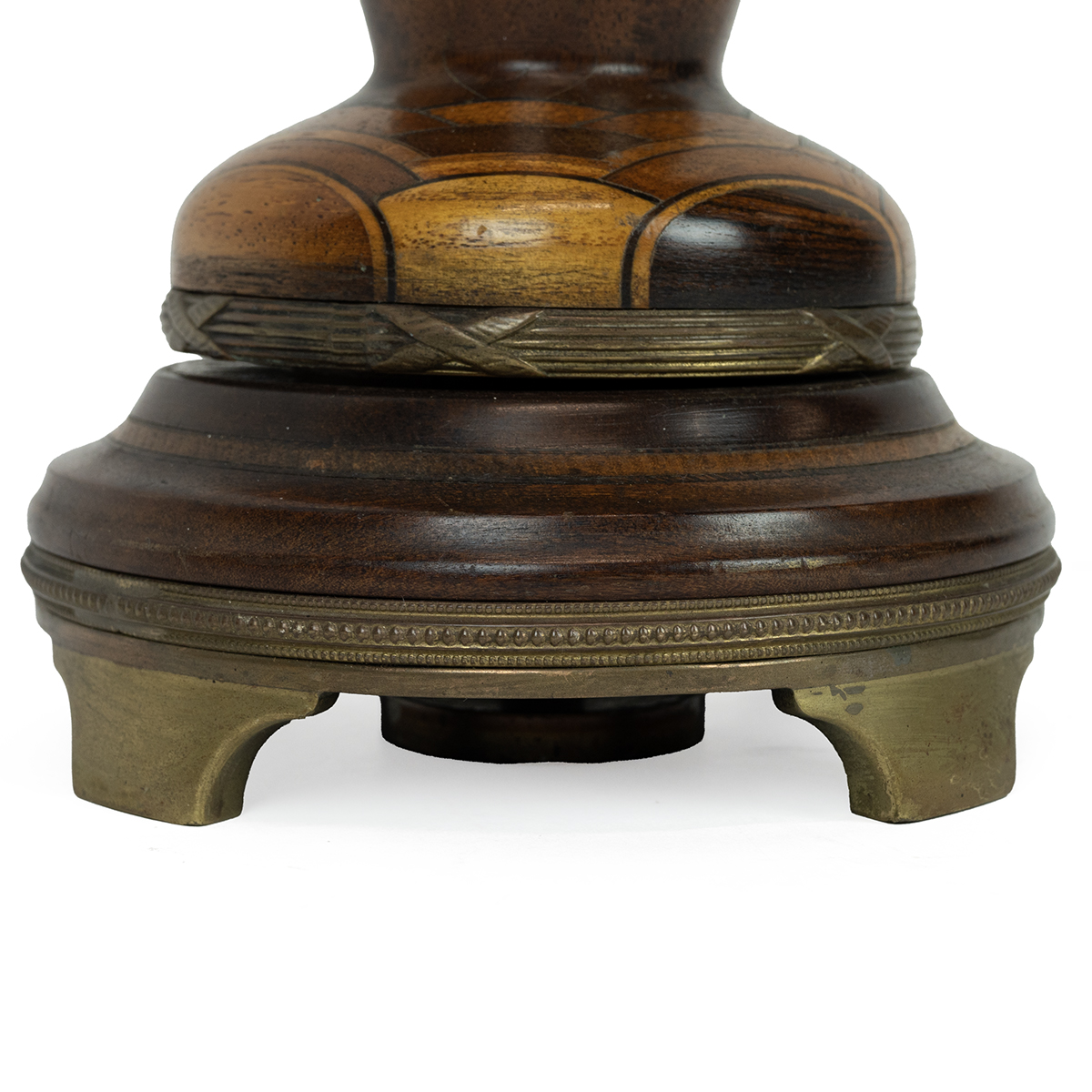 French specimen wood table lamp base c1900. Baluster form turned from multiple timbers, with gilt... - Image 3 of 3