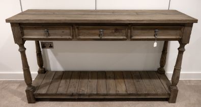 Contemporary rustic weathered pine buffet sideboard. W 160cm, D 45cm, H 91cm. (C)