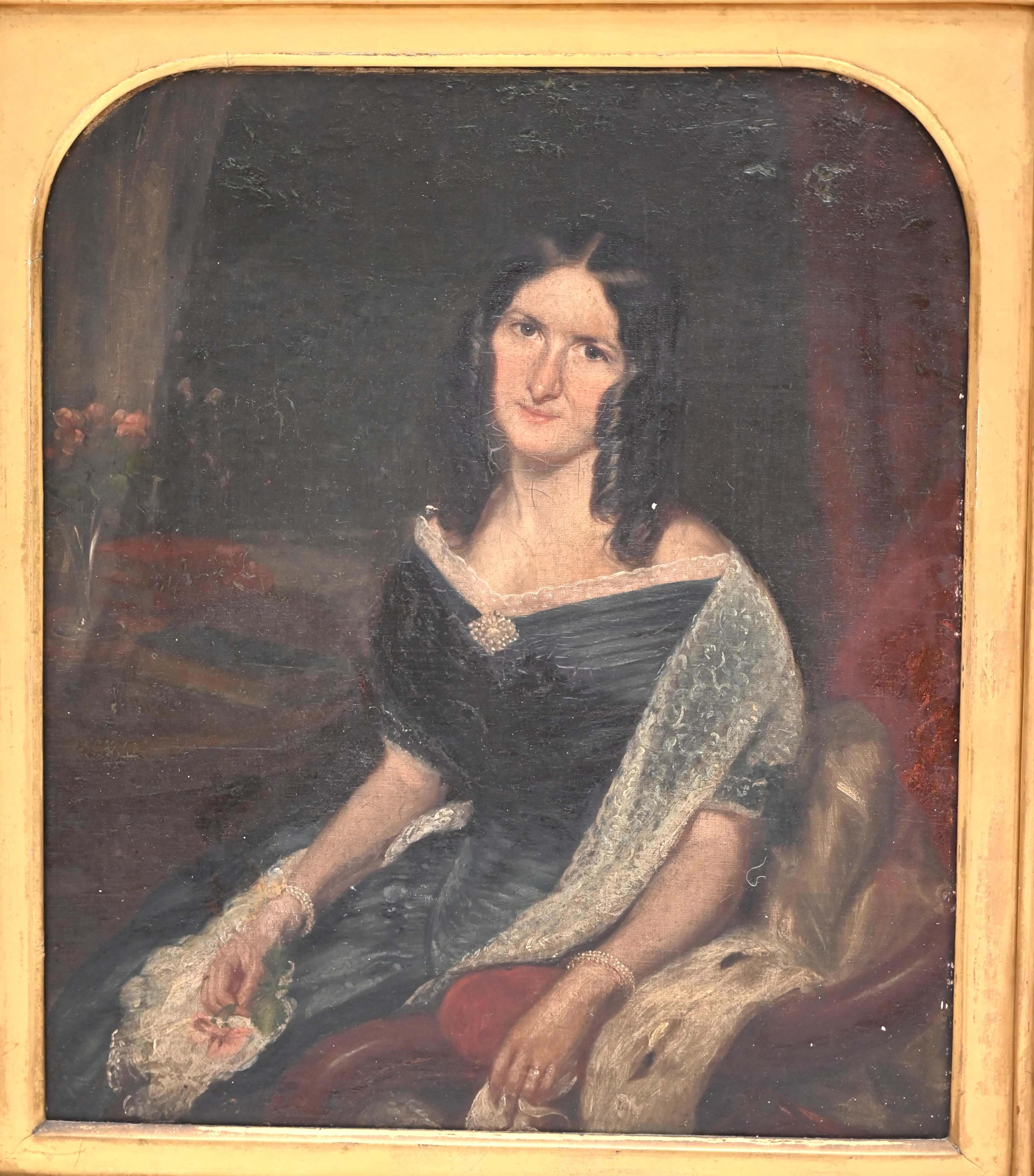 English School, 1860s - Portrait of a seated young Woman, in a blue silken dress and lace shawl, ...