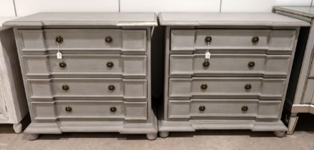 Identical pair of contemporary three drawer inverted breakfront chest of drawers. Solid wood cons...