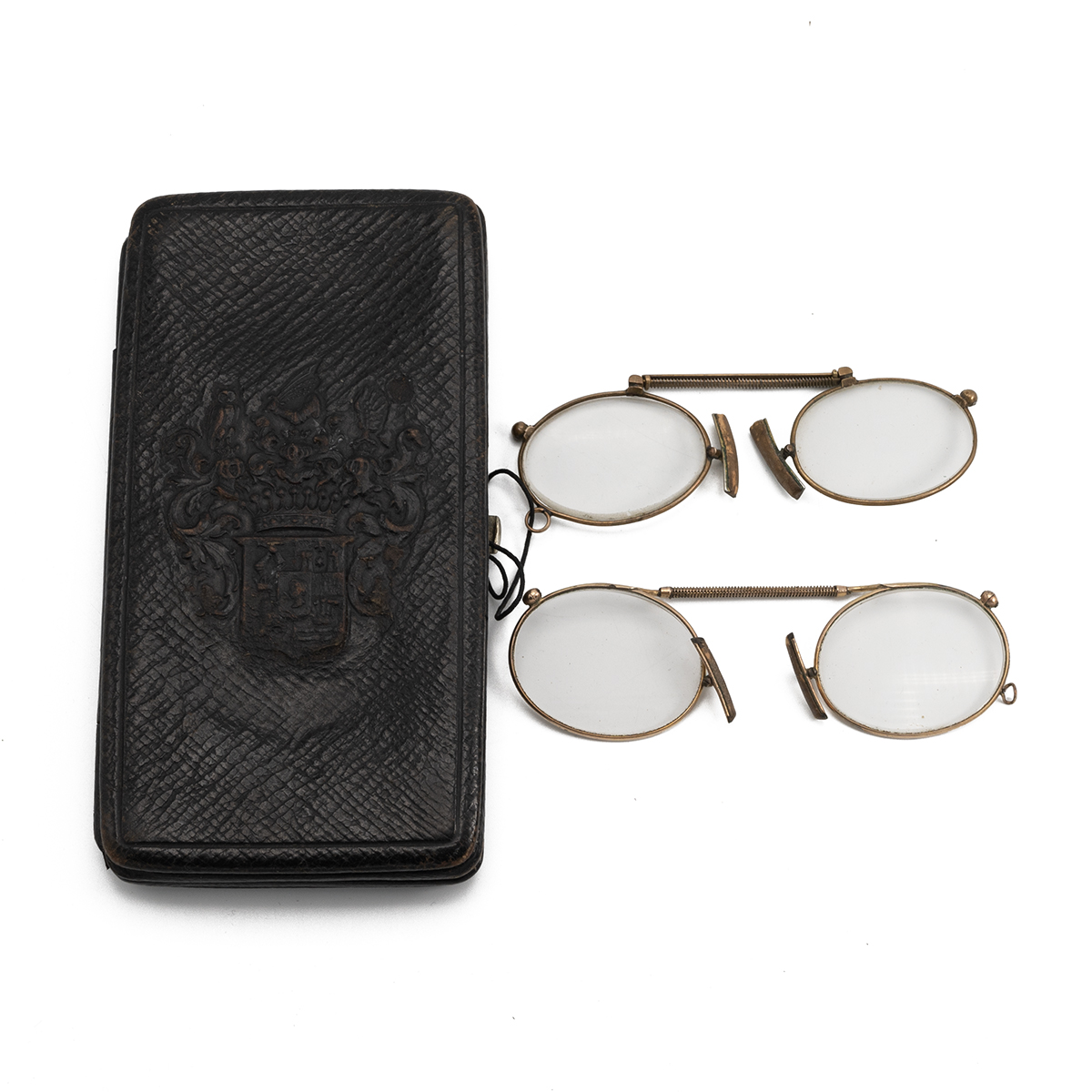 19th Century Austrian Leather pince nez case with twin pockets, each containing a pair of gold pl...