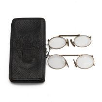 19th Century Austrian Leather pince nez case with twin pockets, each containing a pair of gold pl...