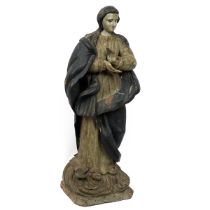 Large Spanish 18th Century carved wood and polychrome statue of Madonna standing on a serpent. Or...