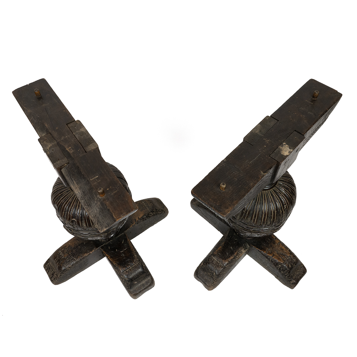 Pair of antique carved oak table bases. Oversized weathered bulbous stems in Elizabethan manner w... - Image 3 of 3