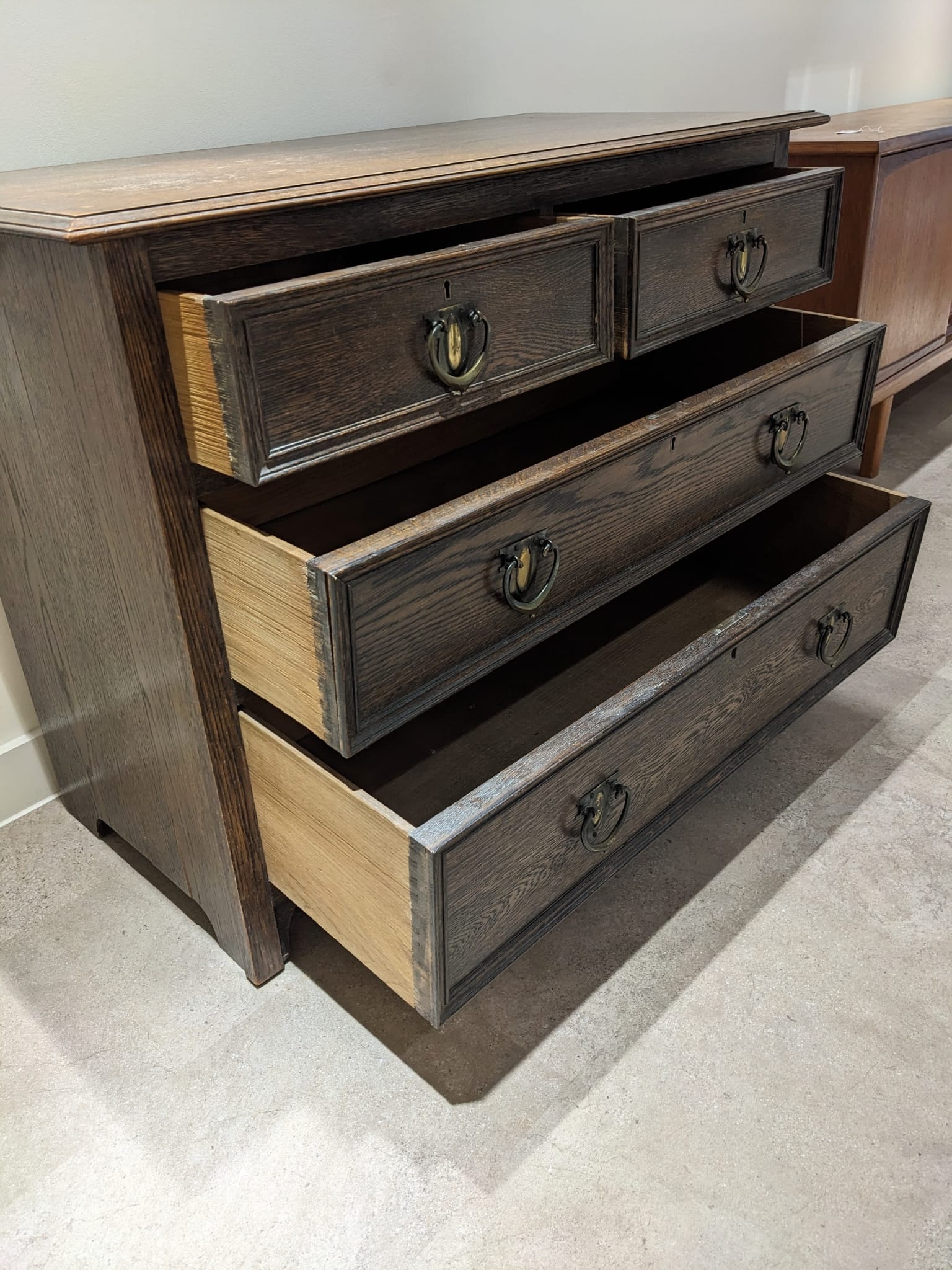 Arts & Crafts oak chest of drawers c1900. Maker label to inside of drawer for 'Charles Lowe & Son... - Image 3 of 3