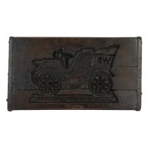 Antique wooden biscuit mould of a veteran car c1905. Single sided. W 49cm, H 27cm. (M)