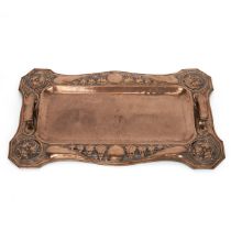 Large Art Nouveau Copper two handle tray of rectangular from with embossed and pierced vine and f...