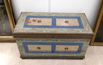 Large 19th century painted pine blanket box with original painted finish. Iron handles to side, s...