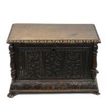 Italian 16th century and later small coffer / chest. Carved front panel of plants surrounded by t...