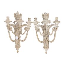 A pair of 19th Century French carved wood wall lights, each with holders for three candles. Heigh...