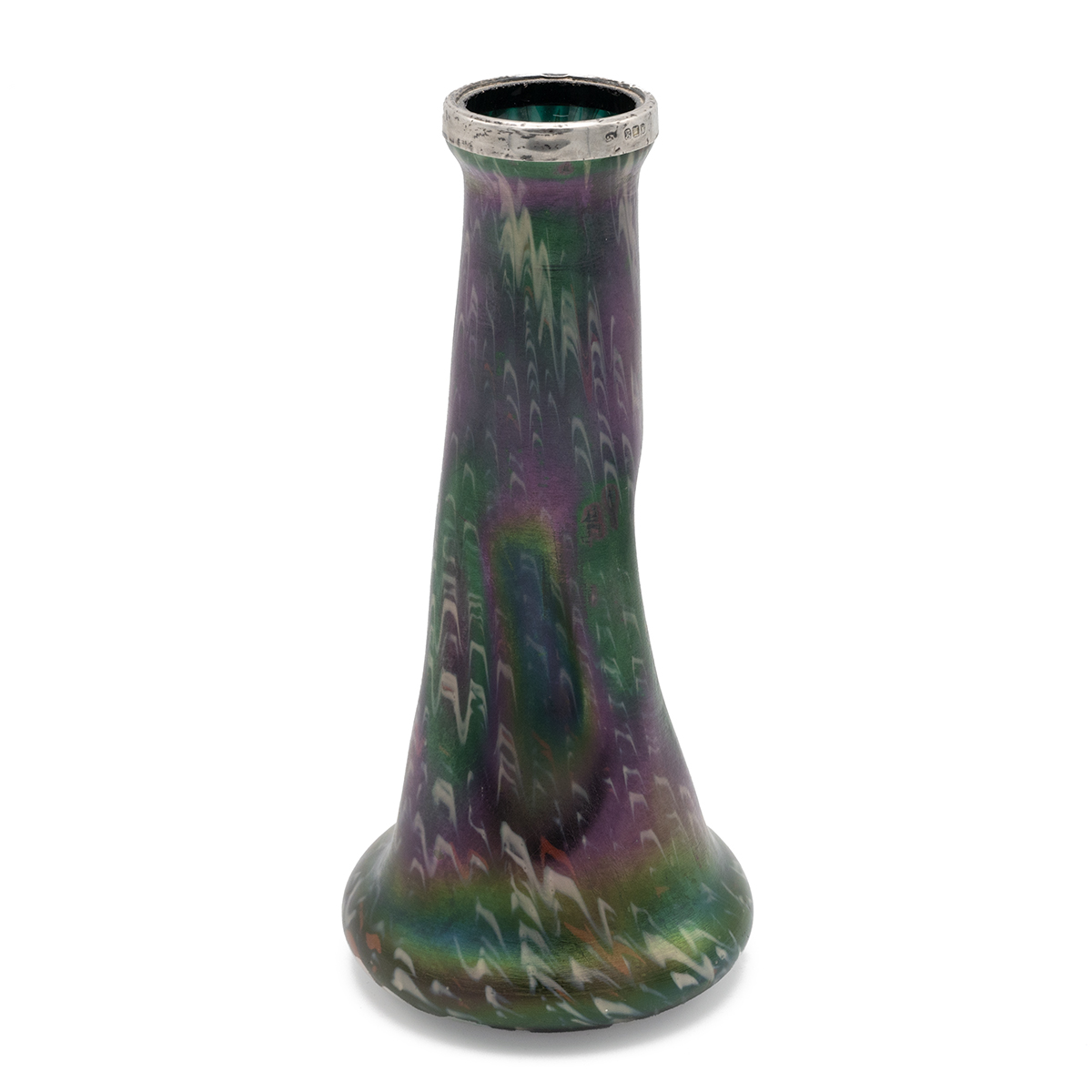 Attributed to Josef Rindskopf an Art Nouveau iridescent glass vase with silver rim (with hallmark...