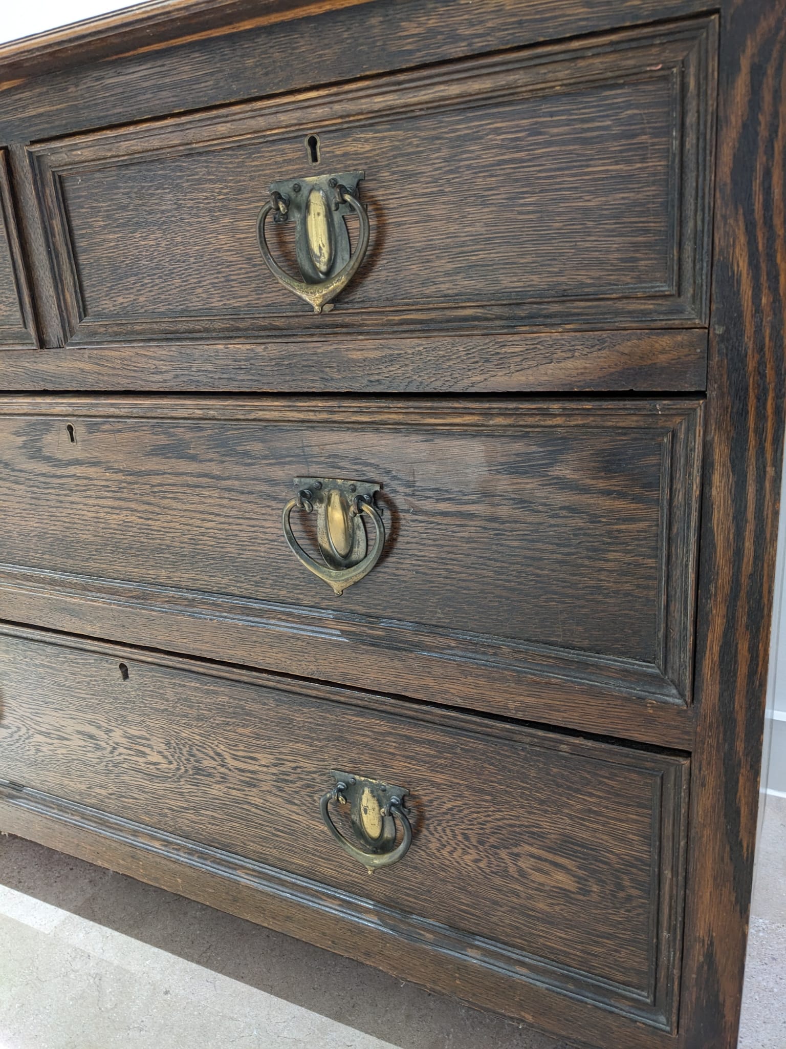 Arts & Crafts oak chest of drawers c1900. Maker label to inside of drawer for 'Charles Lowe & Son... - Image 2 of 3