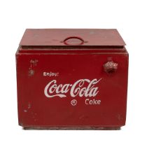 Vintage mid-century Coca-Cola ice box. Metal body with red and white painted finish to exterior. ...