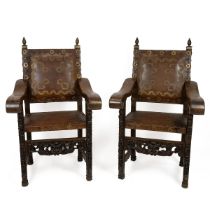 Pair of large 17th century and later Spanish armchairs. Walnut frames with wide scroll-over arms ...