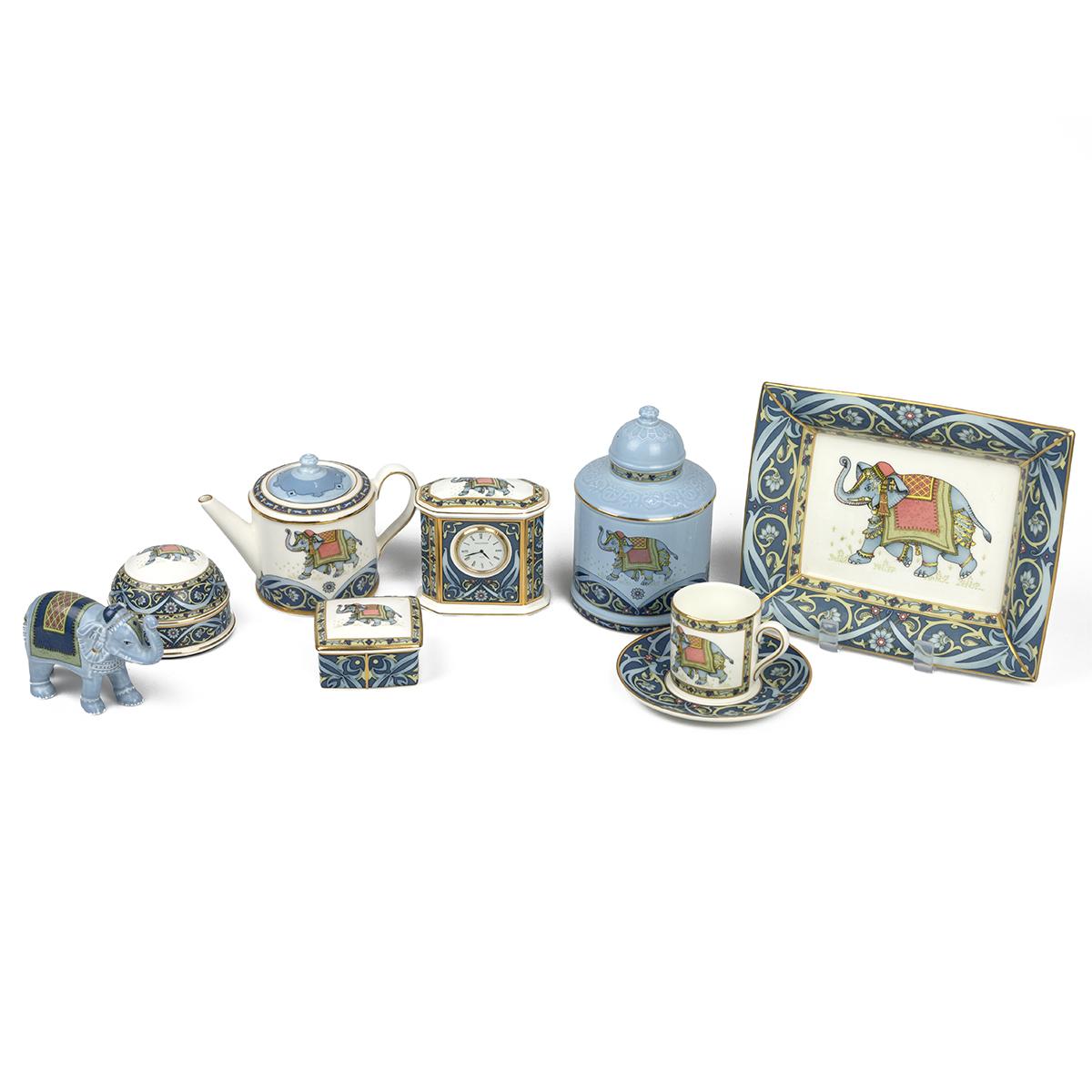 Wedgwood Blue Elephant bone china to include: A teapot (H 10cm); Cup and saucer; quartz battery c...
