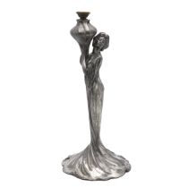 WMF Art Nouveau pewter lamp base in the form of a young woman in flowing dress holding aloft a ve...