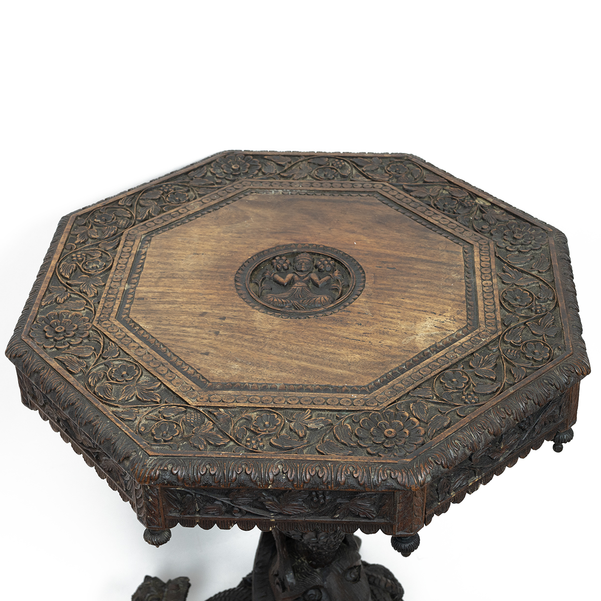 Antique Burmese table, profusely carved throughout. Hexagonal top with vine design and central fi... - Image 2 of 5