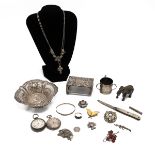 A collection of miscellaneous silver items to include a Victorian silver basket with a portrait o...