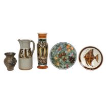 Mid 20th Century ceramics to include: three pieces of Jersey Pottery - a tall vase in oranges and...