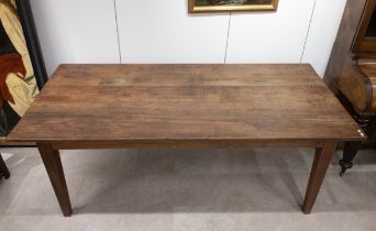 Large French fruitwood farmhouse table, 19th century, 6-8 seater. Five board top over square tape...