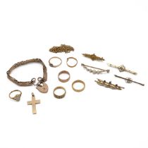 A collection of Edwardian and later gold jewellery to include a 9ct gold gate bracelet and other ...