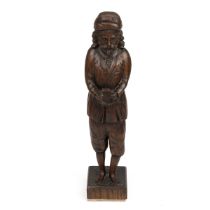 19th Century carved oak Flemish figure of a musician (tambourine player). W 7.5cm, D 8cm, H 36cm....