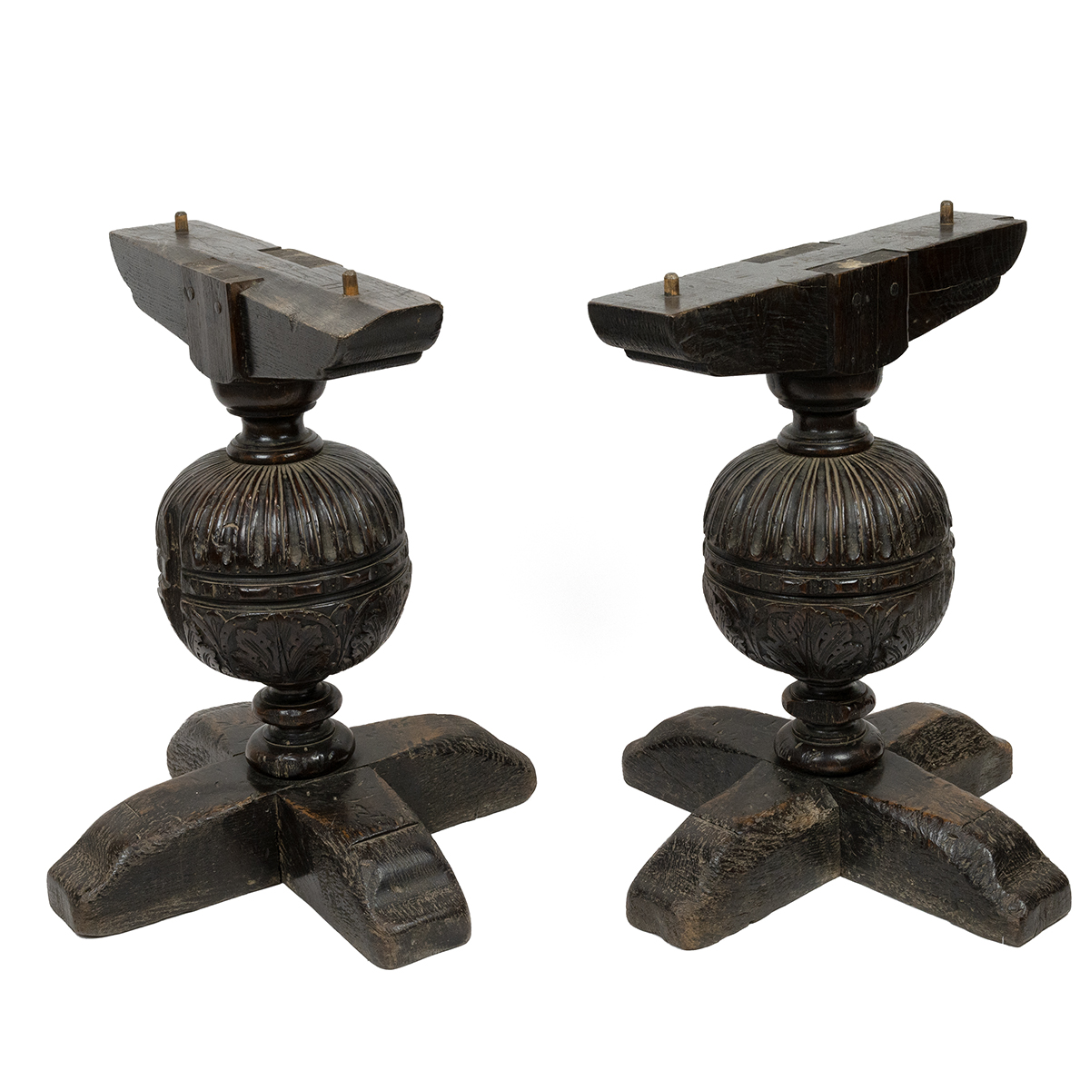 Pair of antique carved oak table bases. Oversized weathered bulbous stems in Elizabethan manner w...