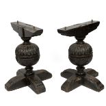 Pair of antique carved oak table bases. Oversized weathered bulbous stems in Elizabethan manner w...