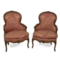 Pair of French walnut framed armchairs. early 20th century. Carved floral details to show frame, ...