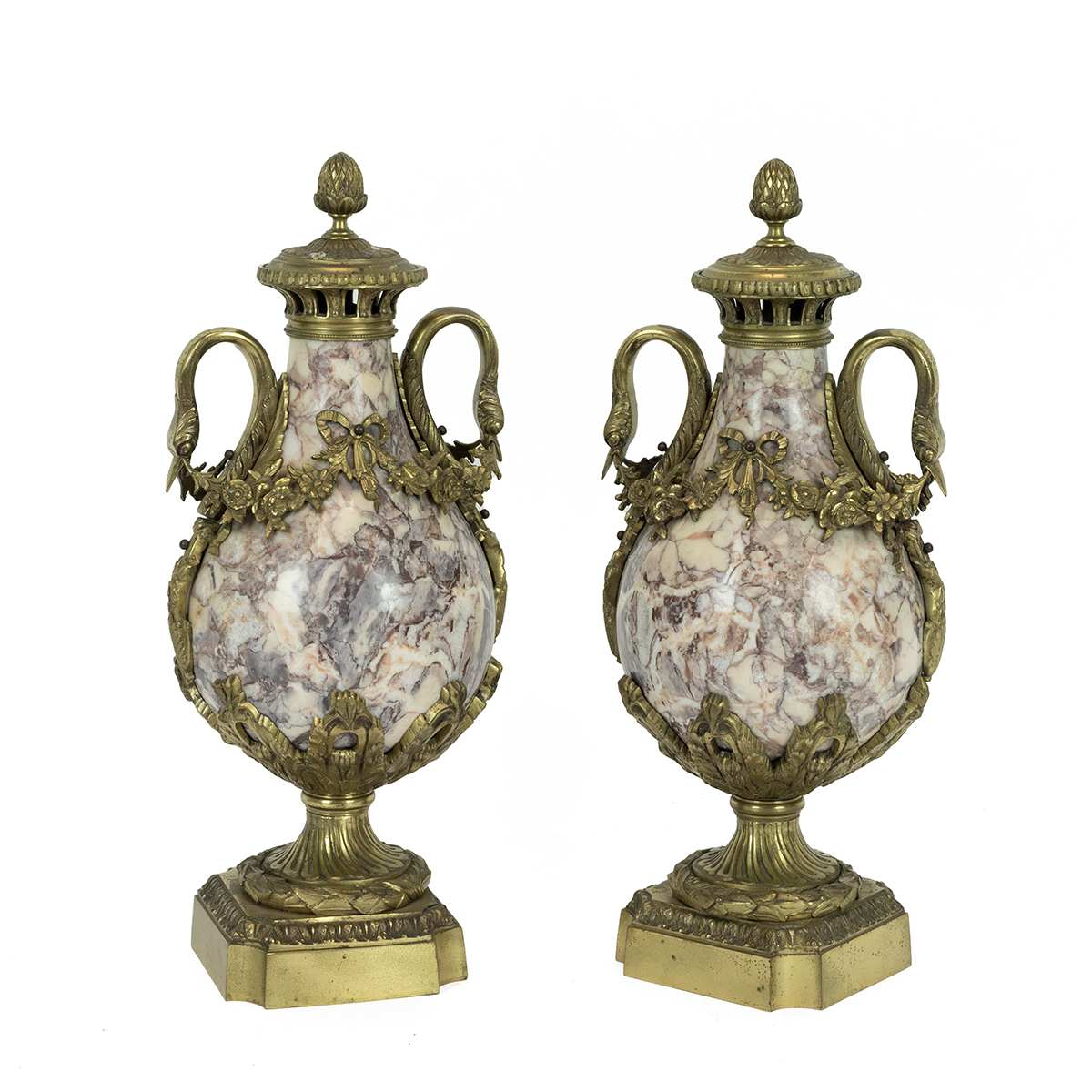 Pair of  antique French Marble & Ormolu mounted Cassolettes, later 19th Century. Handles moulded ...