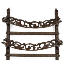 19th century Flemish carved oak plate rack. Carved and fretwork decoration, each curved front pla...