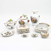 A collection of Herend porcelain including in the  "Rothschild birds" pattern: a five sided lace ...