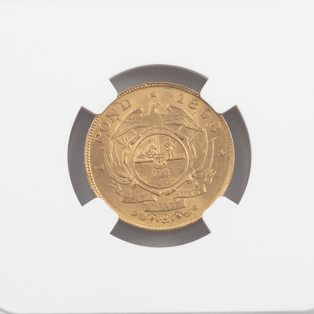 1898 South Africa Z.A.R. 22-carat gold Pond coin graded MS 62 and sealed in holder by NGC. Obvers... - Image 4 of 4