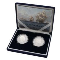 2005 Nelson Trafalgar Royal Mint silver proof 2-coin £5 set in the original presentation box. Inc...