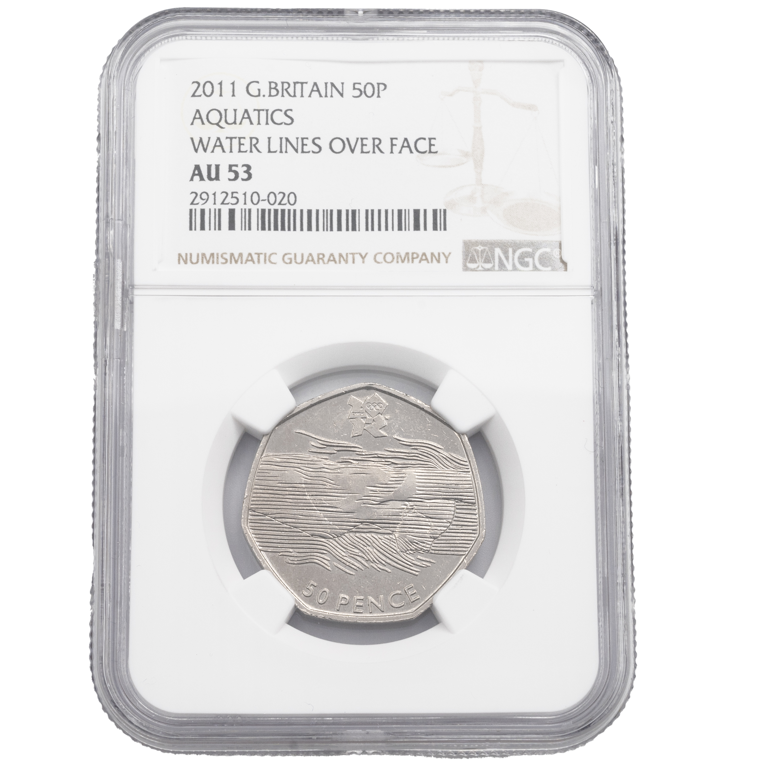 2011 Olympic Aquatics 50p with rare lines over the face variation, graded AU 53 by NGC. Obverse: ...