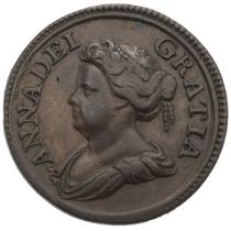 1714-dated Queen Anne copper pattern Farthing (S 3625, Peck 741). Obverse: left-caging draped bus...